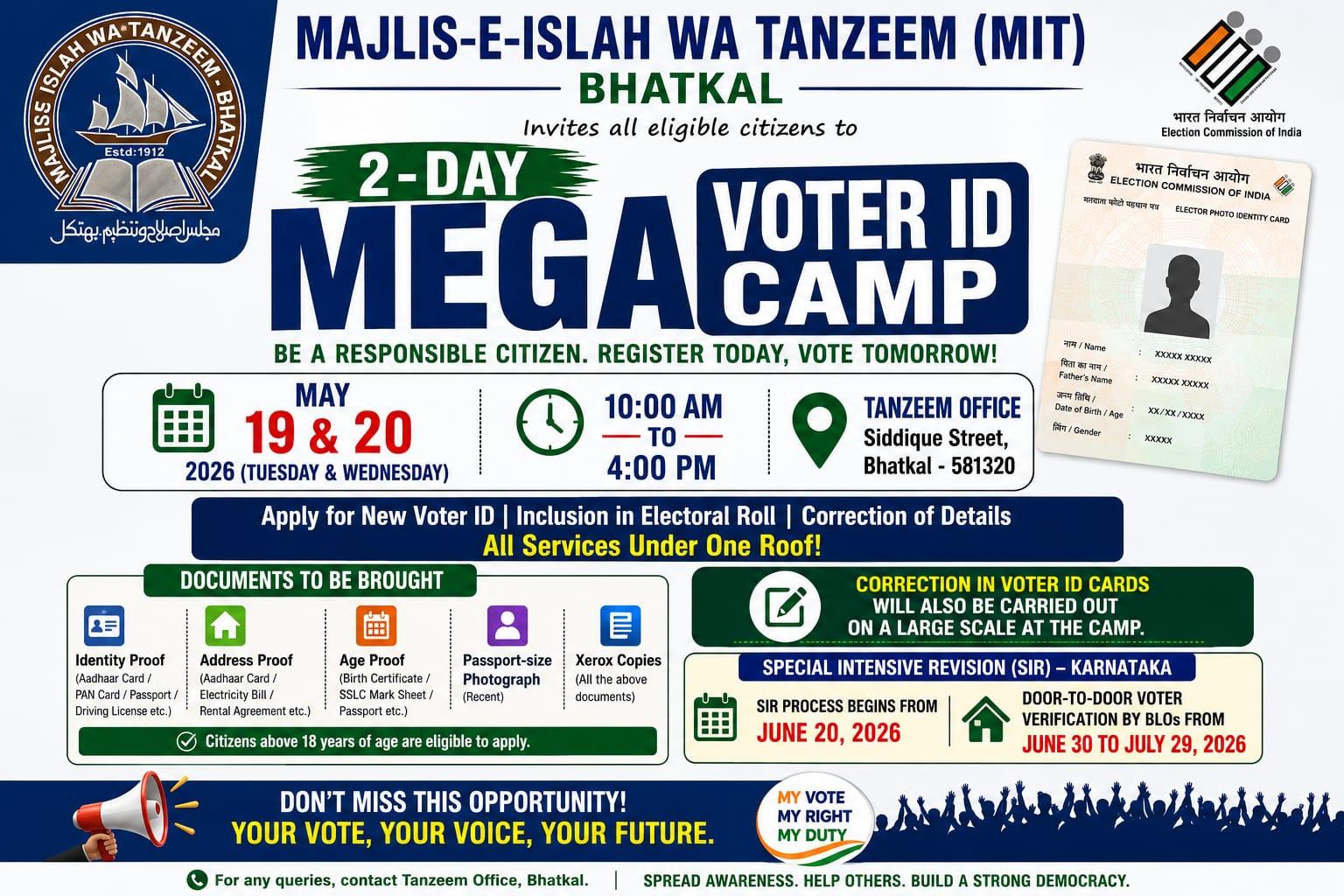 Bhatkal Tanzeem to hold Mega Voter ID Camp on May 19, 20